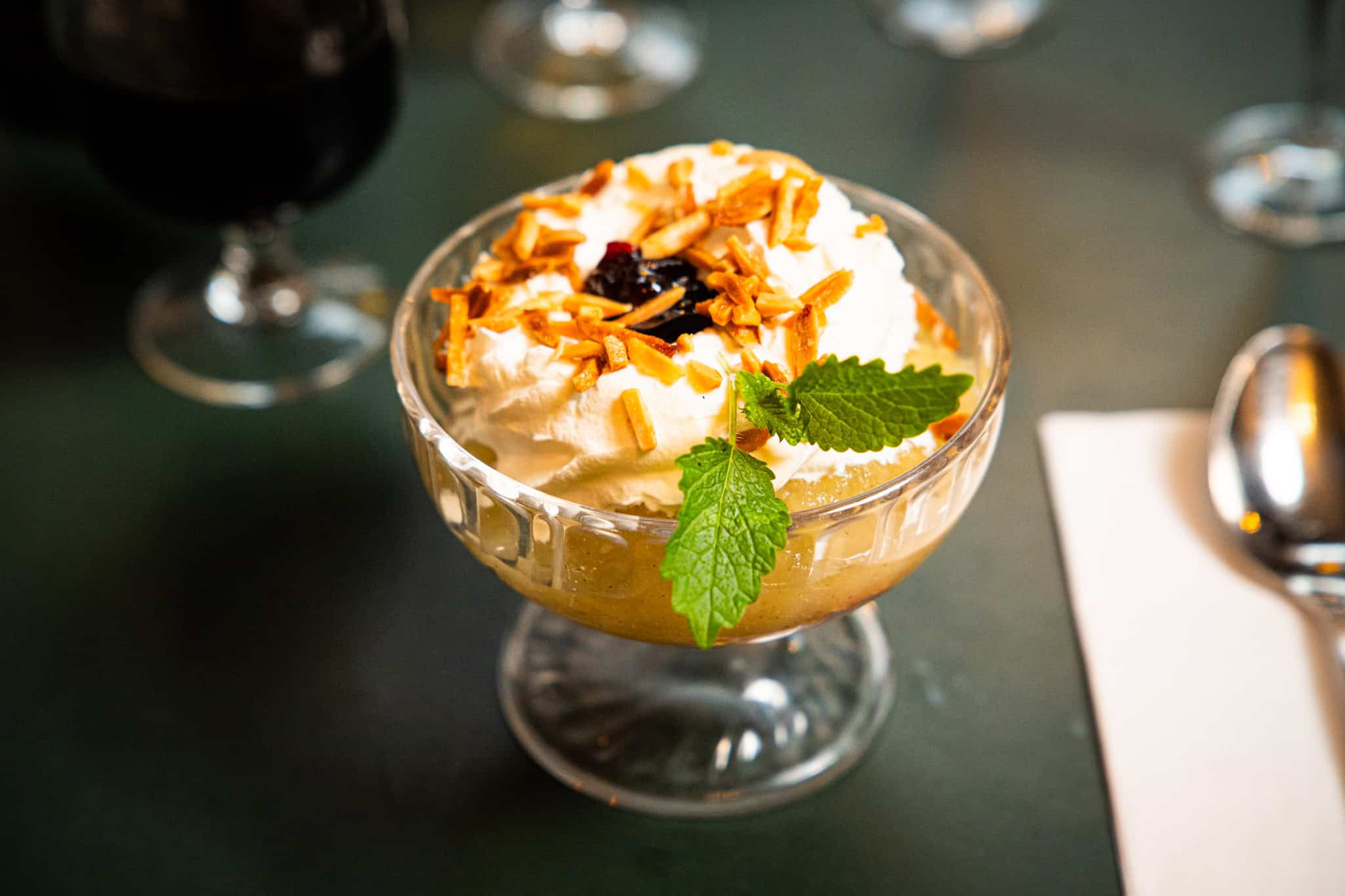 Old-fashioned apple trifle with whipped cream